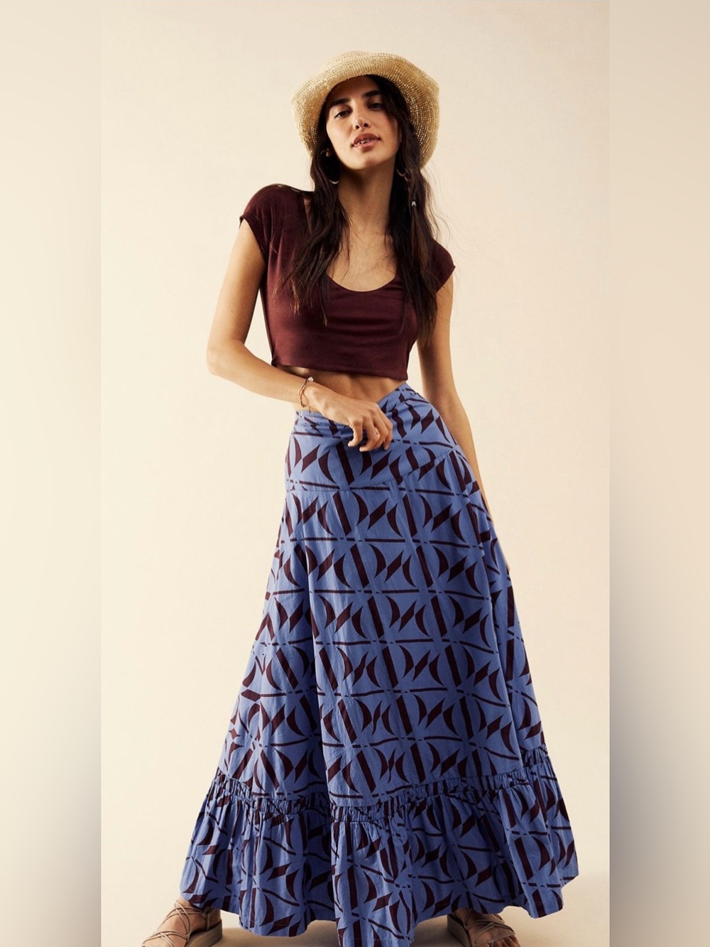 Free People Kenny set skirt blue brown print cotton maxi skirt XS new NWOT